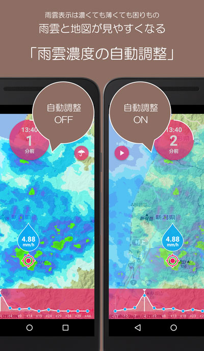 雨雲表示は濃くても薄くても困りもの雨雲と地図が見やすくなる「雨雲濃度の自動調整」